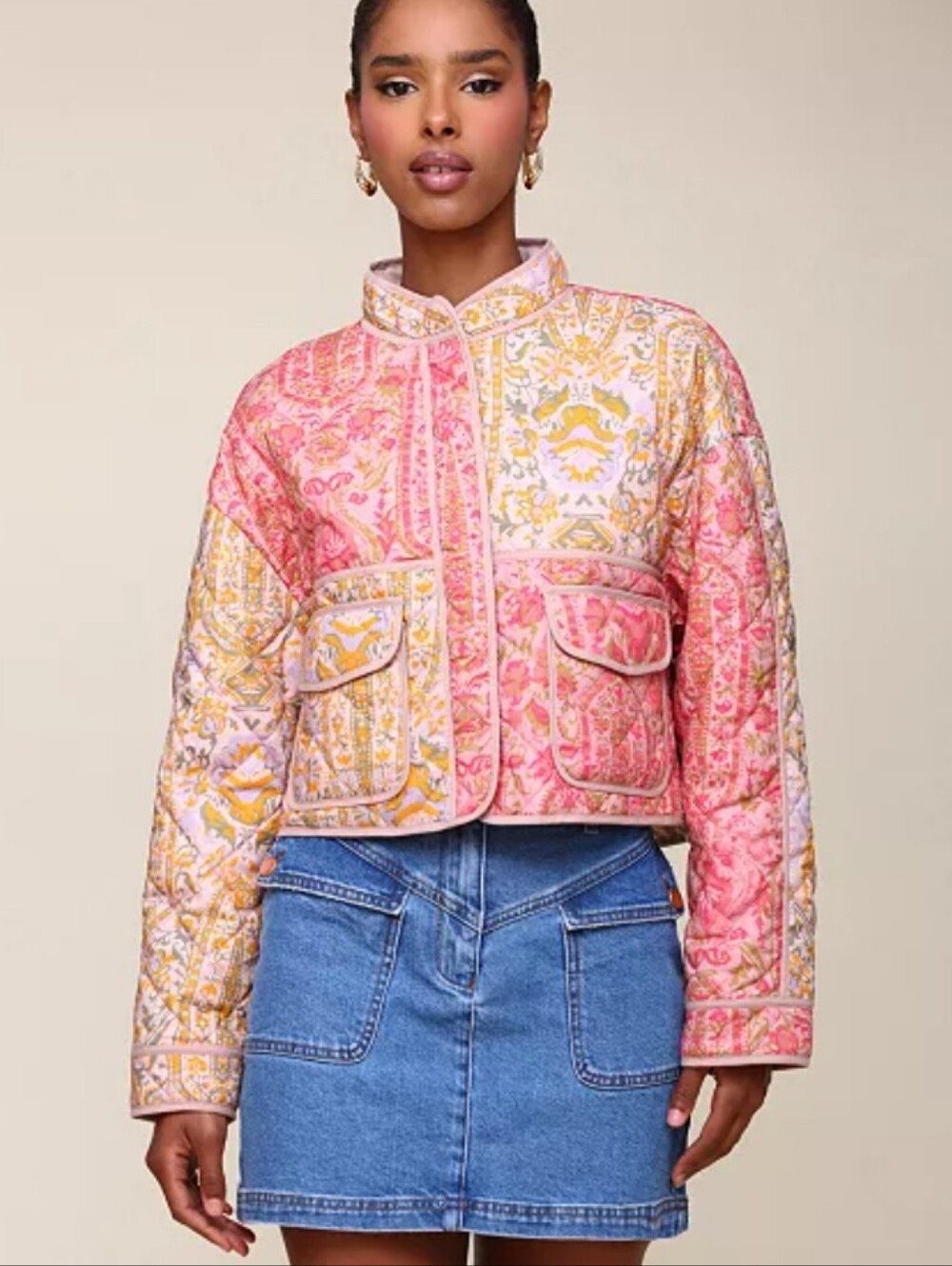 Avec Les Filles Cropped Quilted Printed Barn Jacket sz M Orange Multi Patchwork